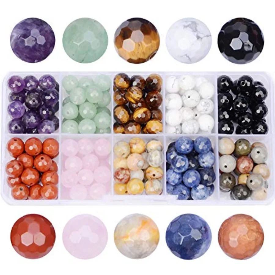 

200pcs 10 Colors Faceted Mixed Natural Loose Round Stone Beads 8mm for DIY Bracelet Necklace Earrings Jewelry Making 1.8mm Hole
