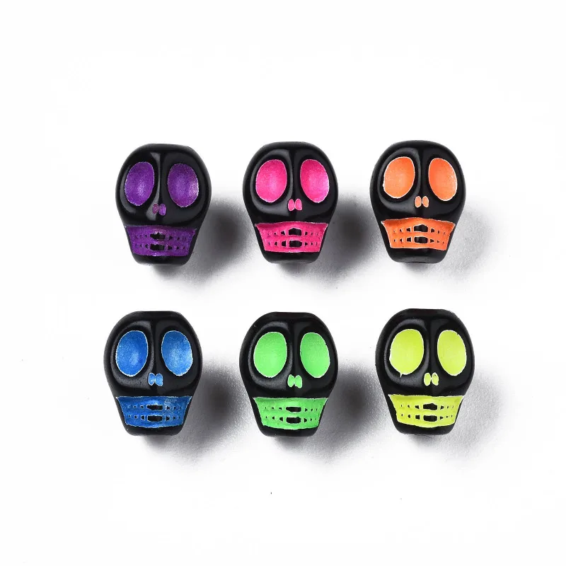 100pc Opaque Black Acrylic Beads Craft Style Skull Mixed Color 9.5x7.5x8mm Hole: 1.8mm