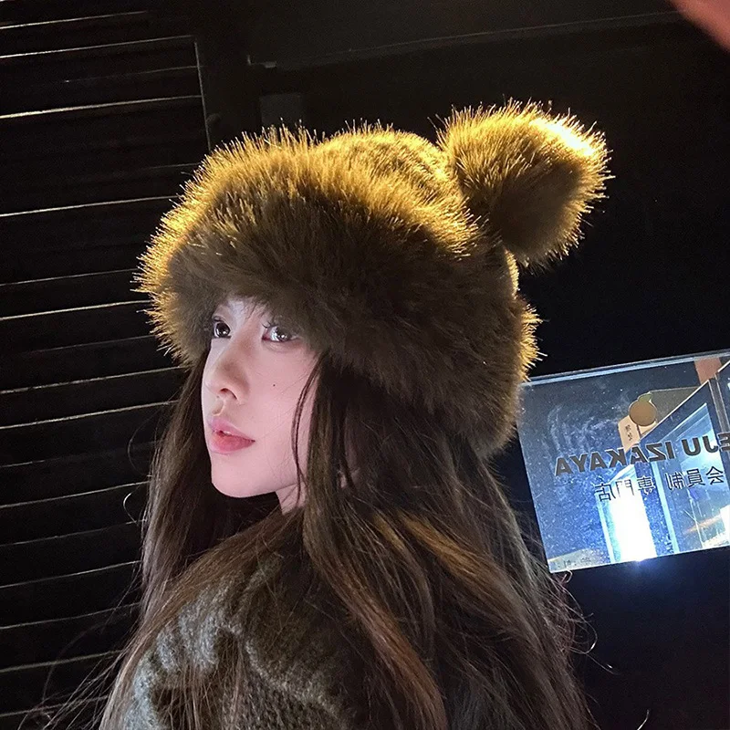 Vintage Leopard Print Bear Hat Korean Faux Fur Mongolian Hat Female Winter Thickened Warm Ear Protection Dome Cap Outdoor Riding