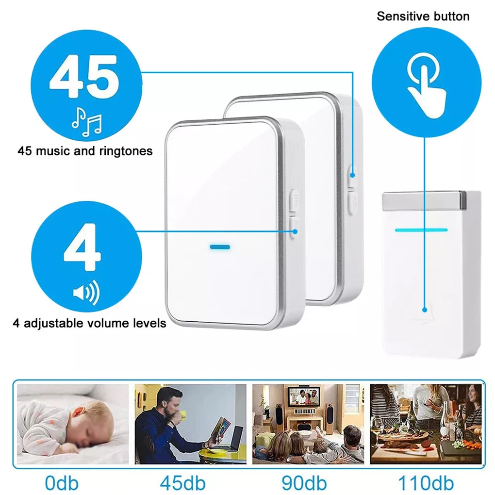 جرس الباب 1 2 زر 1 2 استقبال 300 متر عن بعد ذكي مصباح ليد جرس باب المنزل اللاسلكي الرنين