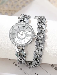 Fashion Europe and the United States diamond-set Roman numerals double chain bracelet watch female French light luxury small fem