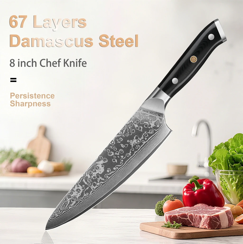 

8 inch kitchen chef knife, cuchillo de cocina japonés de 67 capas de acero damasco súper afilado para carne y verduras with G10