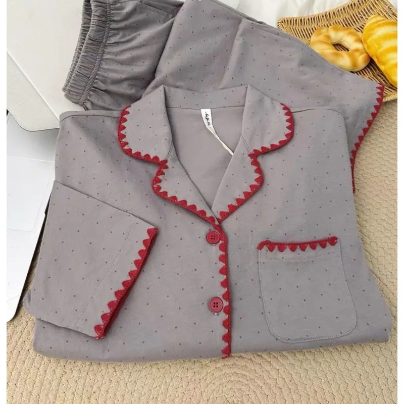 

2026Fashion Design Polka Dot Contrasting Pajamas Women's Spring and Autumn New Large Size Loose and Comfortable Loungewear Set