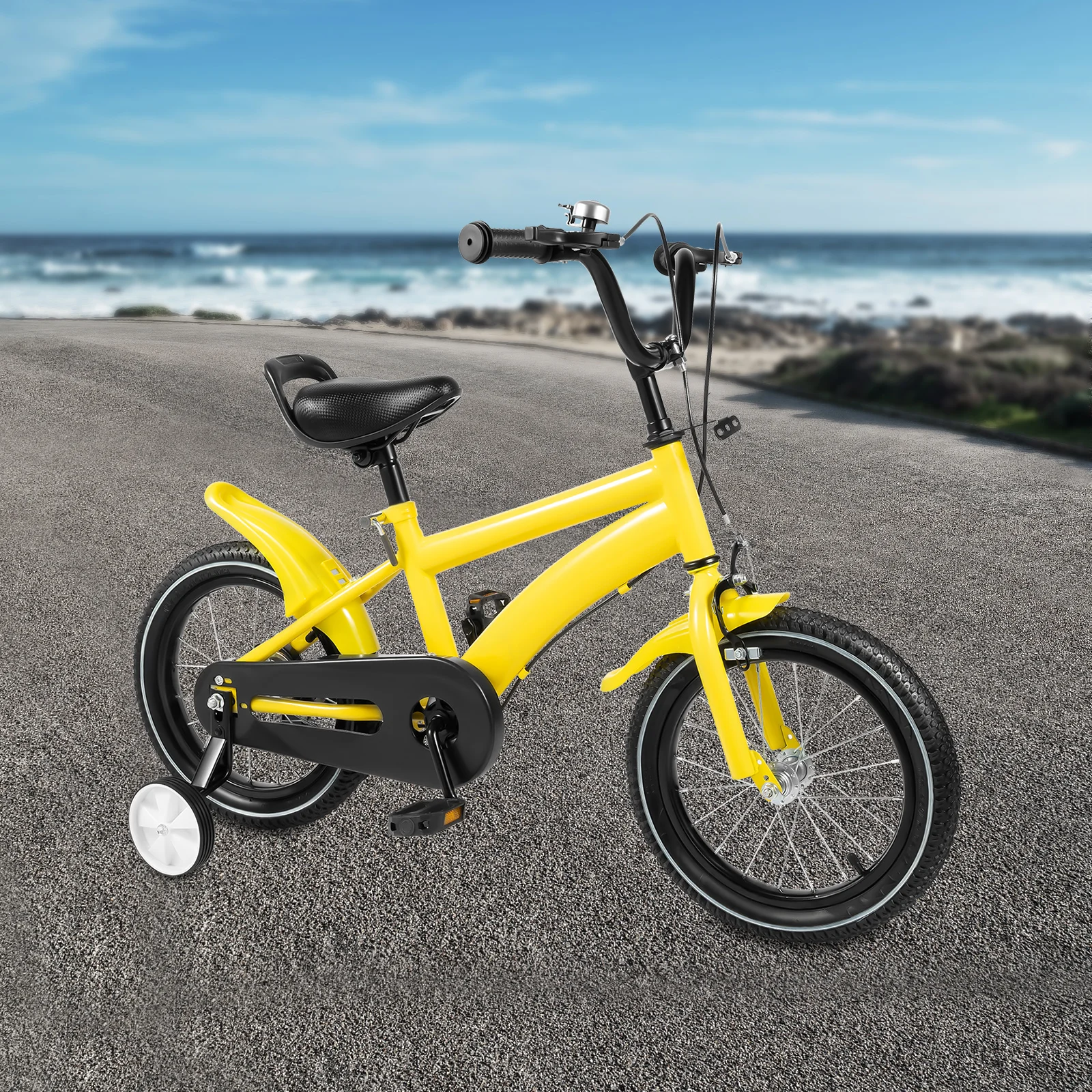 

14-дюймовый детский велосипед с тренировочными колесами, двойные тормоза, регулируемый подлокотник сиденья, нескользящая резиновая ручка, сиденье из искусственной губки, брызговики