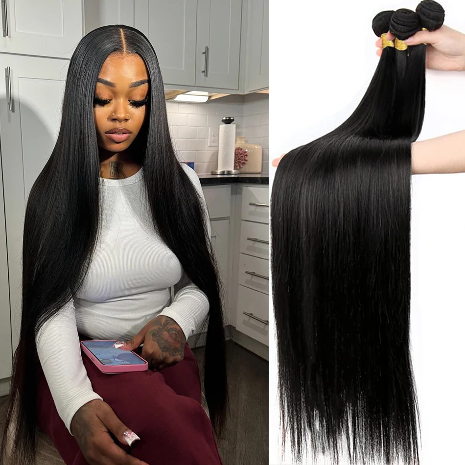 

Bone Straight 30, 40-дюймовые пучки человеческих волос, 14А, наращивание человеческих волос, натуральные черные бразильские пучки волос, 1/3/4 пучка