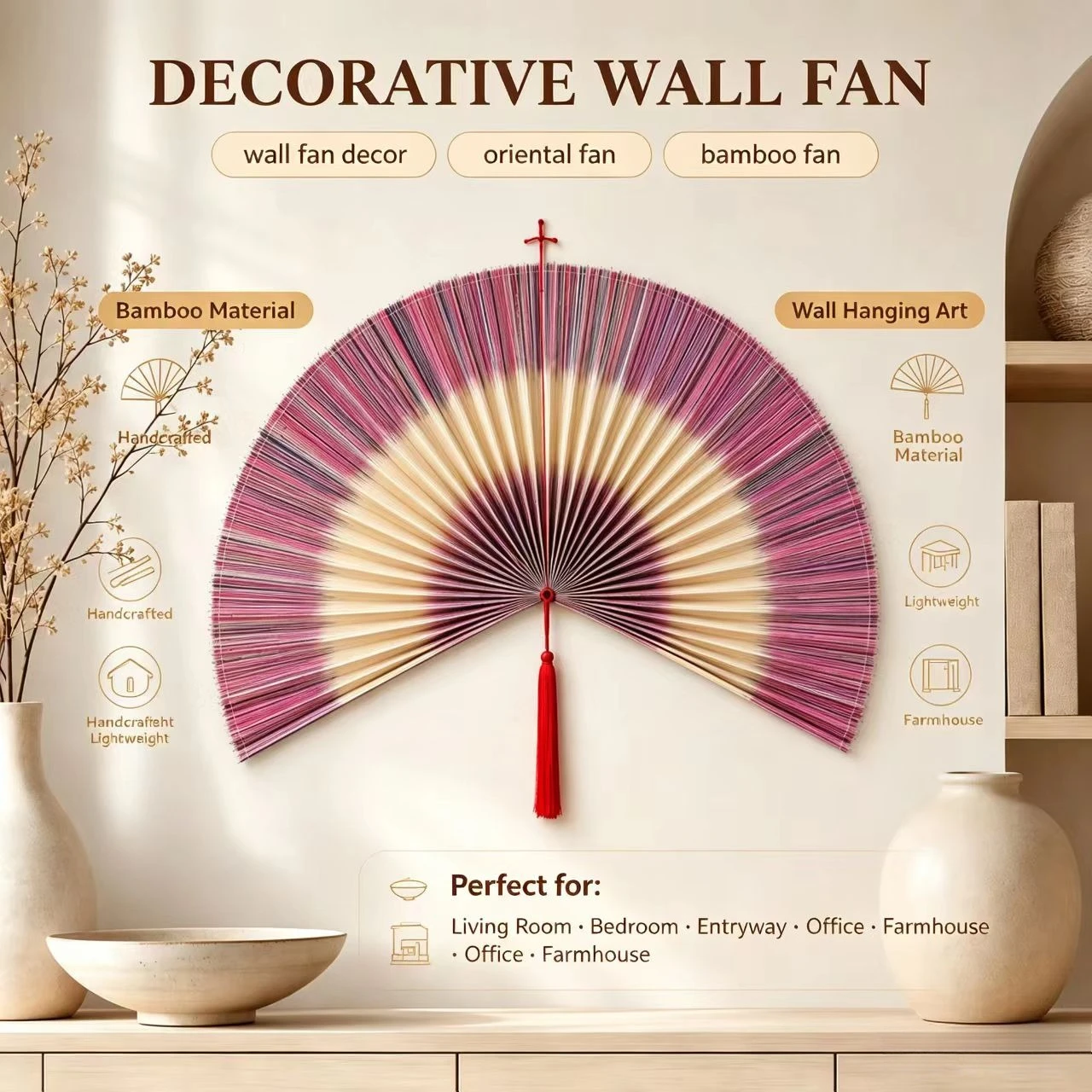Vibrant Gradient Bamboo Wall Fan Art Decor Oriental Handcrafted Hanging Fan With Red Tassel Boho Bedroom Living Wall Decoration