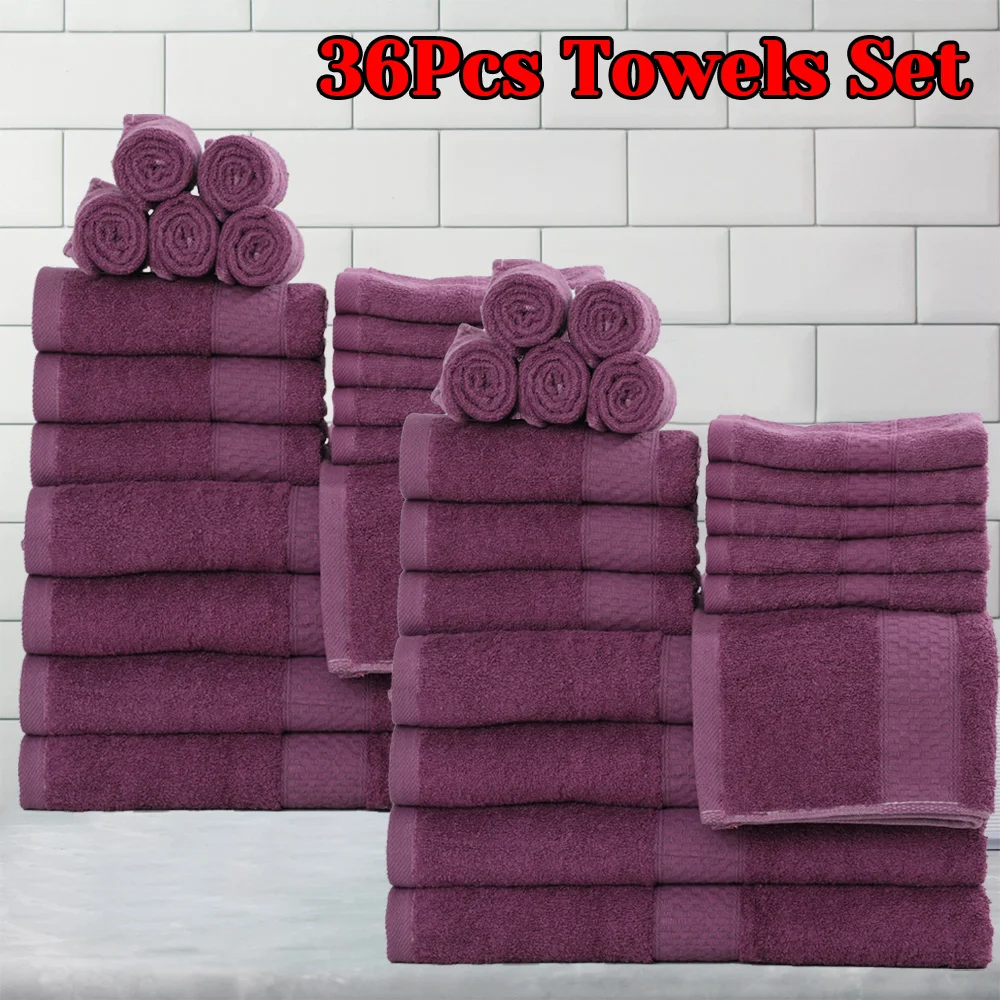 36pcs Purple Bath Towel Set, 8pcs Bath Towels&8pcs Hand Towels&20pcs Washcloths, Solid Color, Cotton-blend Towels, New Fall