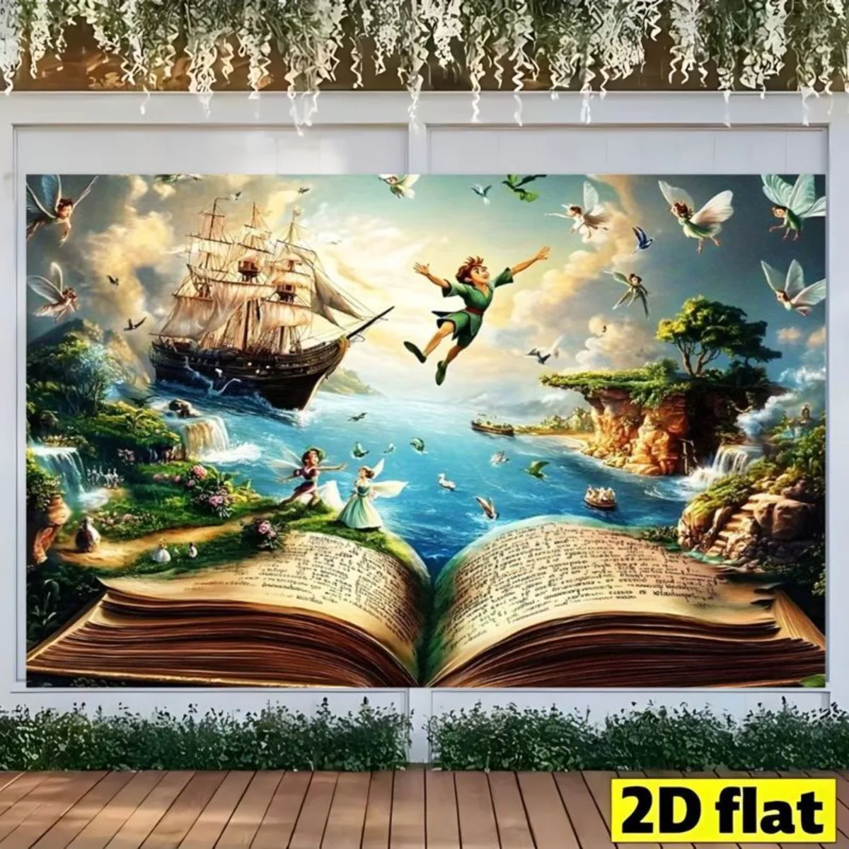 One 2D flat banner, featuring the Peter Pan Island scene, with flying boys, fairies, pirate ships and an opened storybook