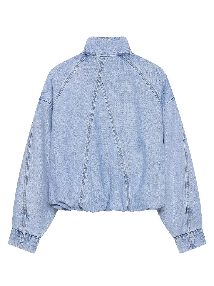 Vintage Blaue Kurze Jeansjacke für Damen mit Stehkragen, Reißverschluss und Knöpfen, Lose Passform, Langarm, Neue Streetwear für den Alltag im Herbst – Detail 5