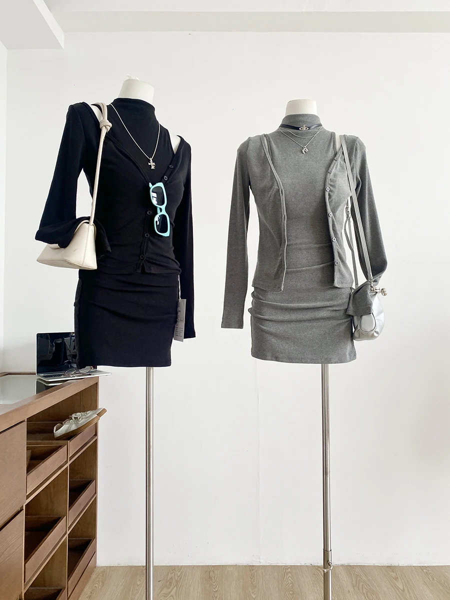 

Sexy Ins Korean Style Vest Dress High Waist Short Length Long Sleeve Commute Style Spring Autumn New Arrival Women's Fashion Set