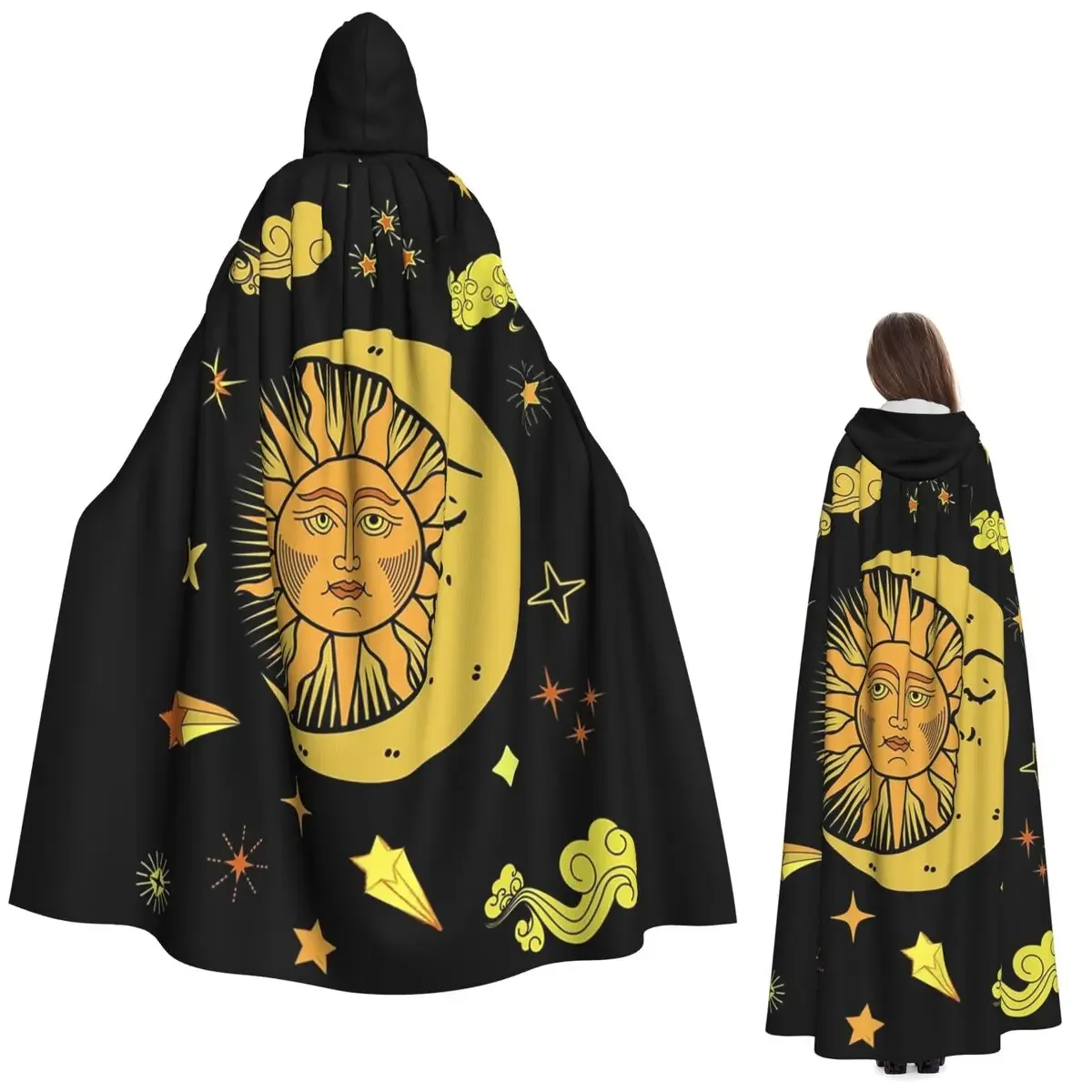 Custom Sun And Moon Celestial Modern Vibrant Art Long Hooded Cloak Witch Medieval Costume Cosplay Cape HalloweenCoat Adult Unise