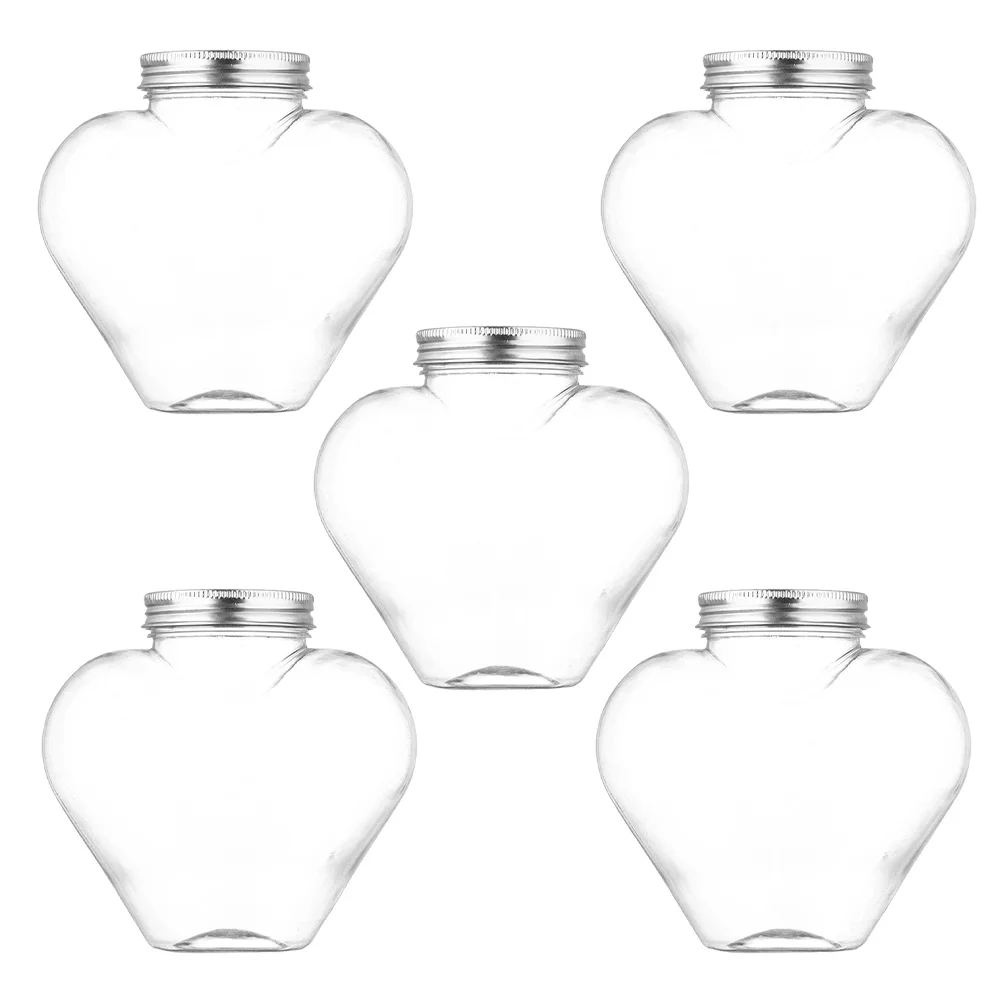 

5Pcs Food Grade Plastic Heart Shaped Leak Proof Bottles Reusable Portable Juice Bottles for Sports Gym Office Cold Beverage