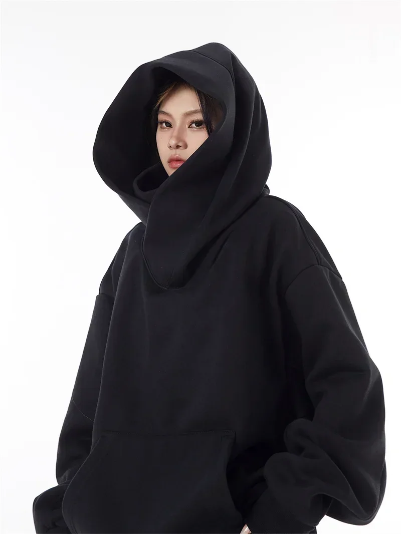 Herren Einfarbiger Ninja-Hoodie, Vintage Fleece-Gefütterter Sweatshirt, Japanischer Hip-Hop Streetwear Oversized Großer Kapuzenpullover – Detail 14