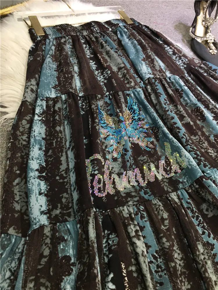 Fashion New Spring Summer Hot Diamonds Tie Dye Butterfly Women Pleated Skirt All-match Vintage Elastic Waist Mid-length Skirts