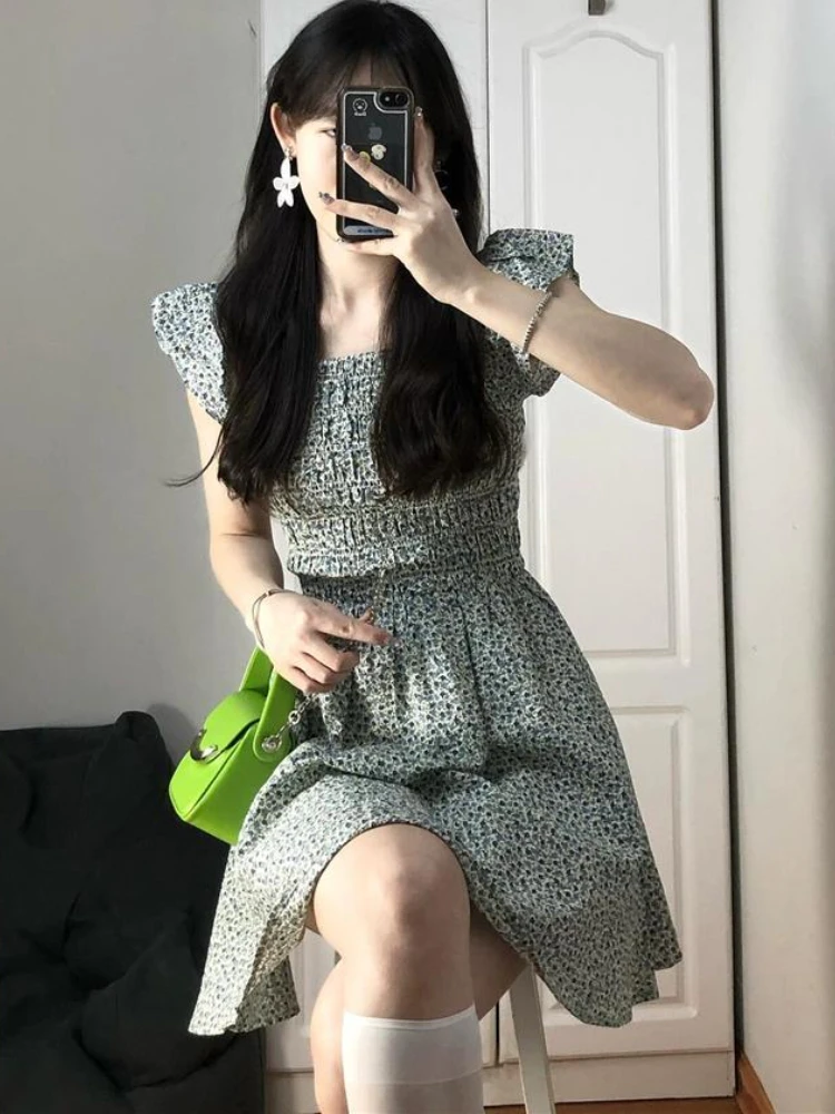 Abiti floreali Donna Prairie Chic Design Semplici Studenti Estate Mini Abiti Manica volante Pieghe dolci Tempo libero Stile coreano Ins