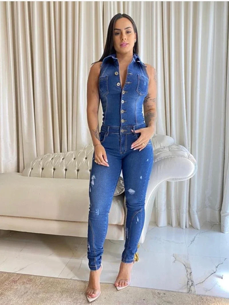 

Streetwear Ripped Jeans Jumpsuit Summer Clothes Women 2024 Sleeveless Catsuit Denim Rompers Playsuits One Pieces Overalls Outfit