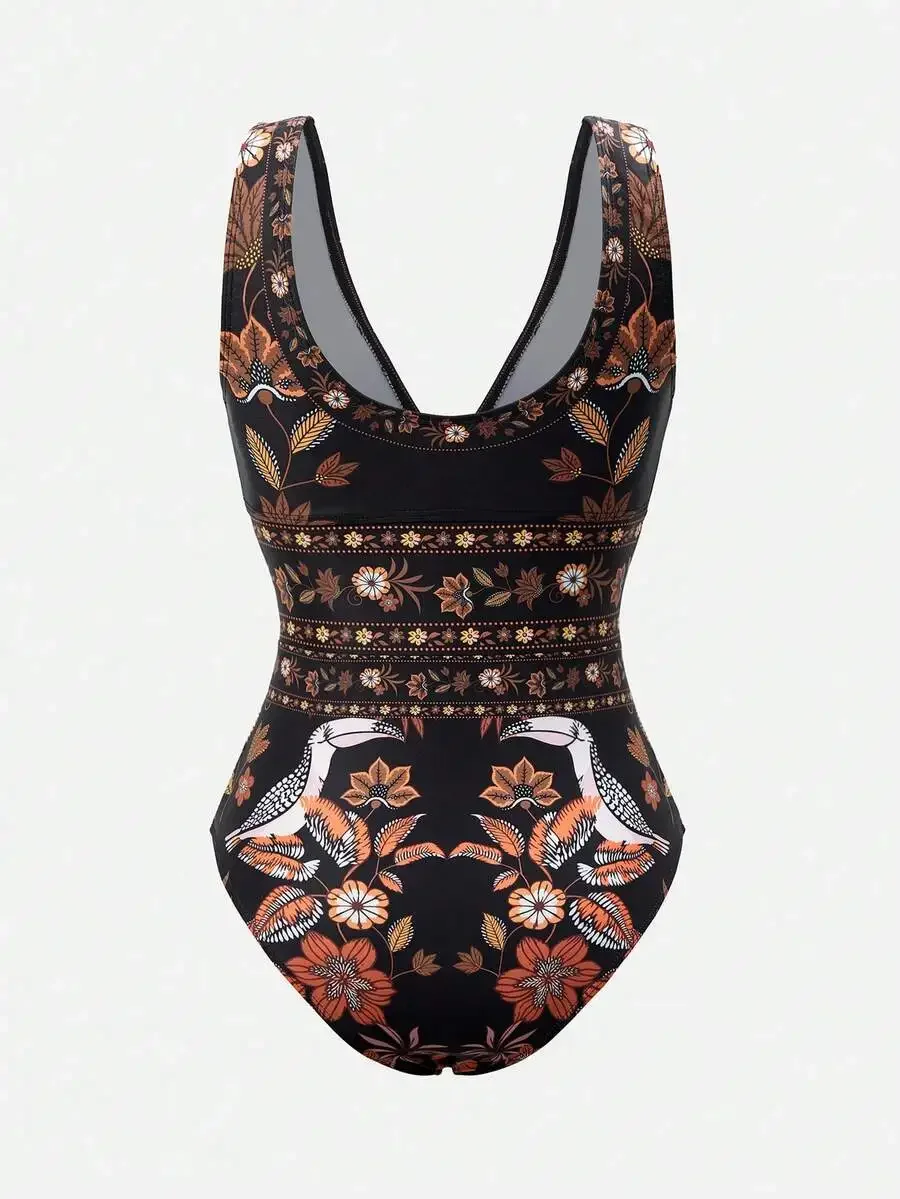 

Boho Floral Print One Piece Swimsuit With Toucan Pattern For Women Beach Resort Swimwear