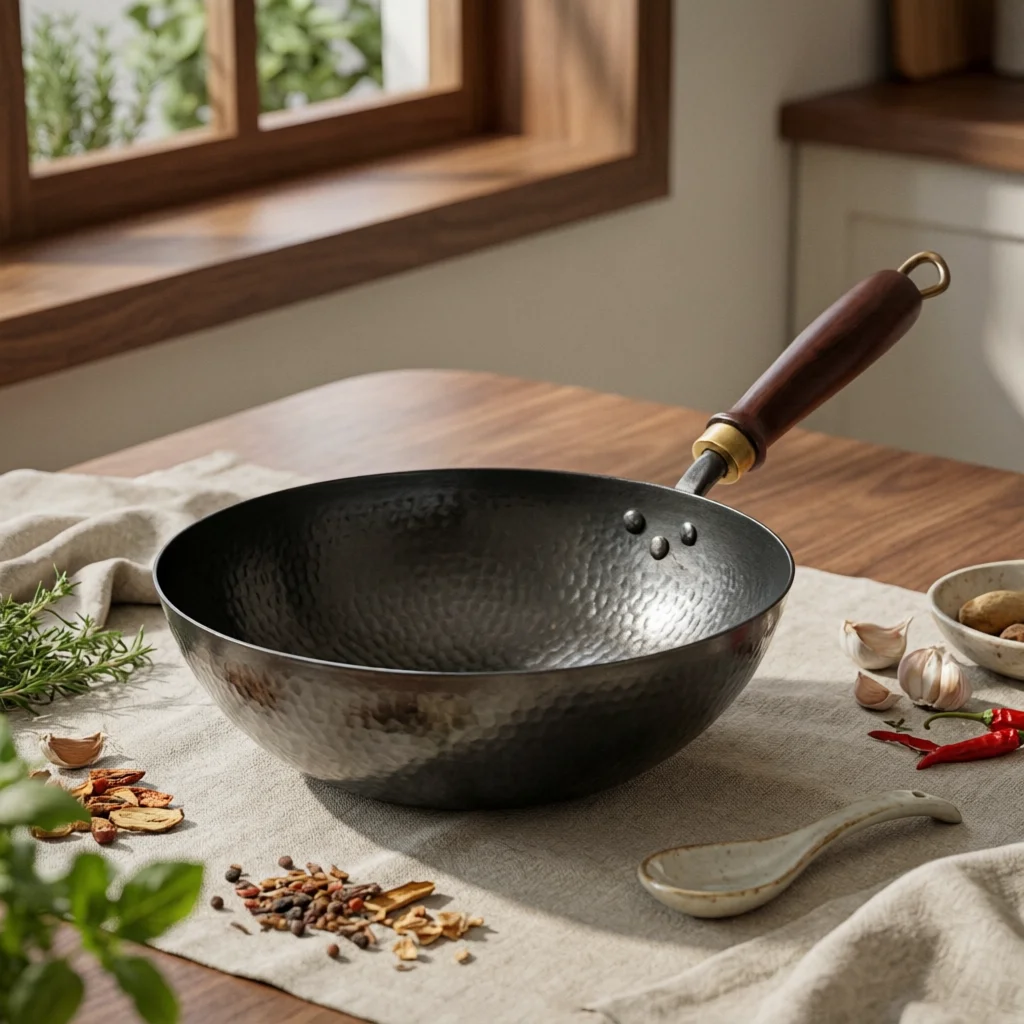 Iron Wok with Lid Pre-Seasoned Hammered Iron Wok Cookware Uncoated Flat Bottom for Home Cooks, Stir Frying, High-Heat Cooking