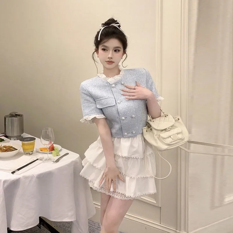 Korean Sweet Stand Collar Double Breasted Coat Cake Skirt Two-piece Set Women Fashion Flounce Lace Splice Bead Slim Summer Suit