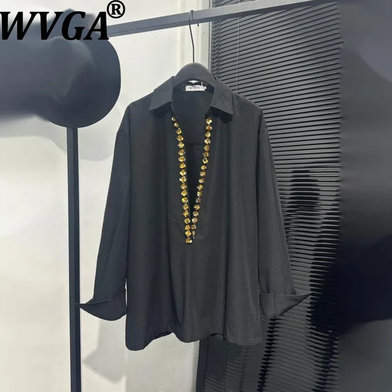 

Мужская рубашка WVGA с глубоким V-образным вырезом и пайетками, модный дизайн, повседневный стиль, с длинным рукавом, элегантный пуловер, новинка весна-осень, модель W21859