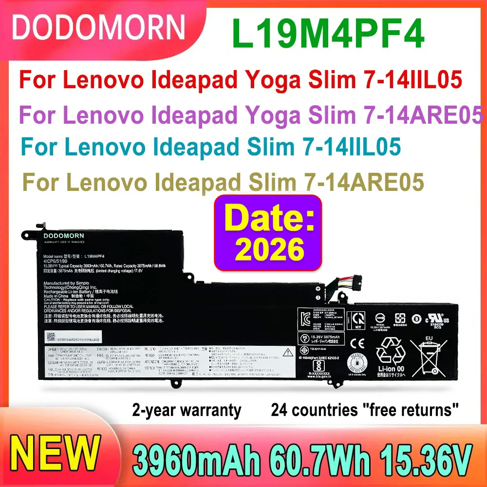 

Аккумулятор для ноутбука DODOMORN для Lenovo Ideapad Yoga Slim 7-14IIL05 7-14ARE05 Series L19D4PF4 L19C4PF4, высокое качество, 3960 мАч
