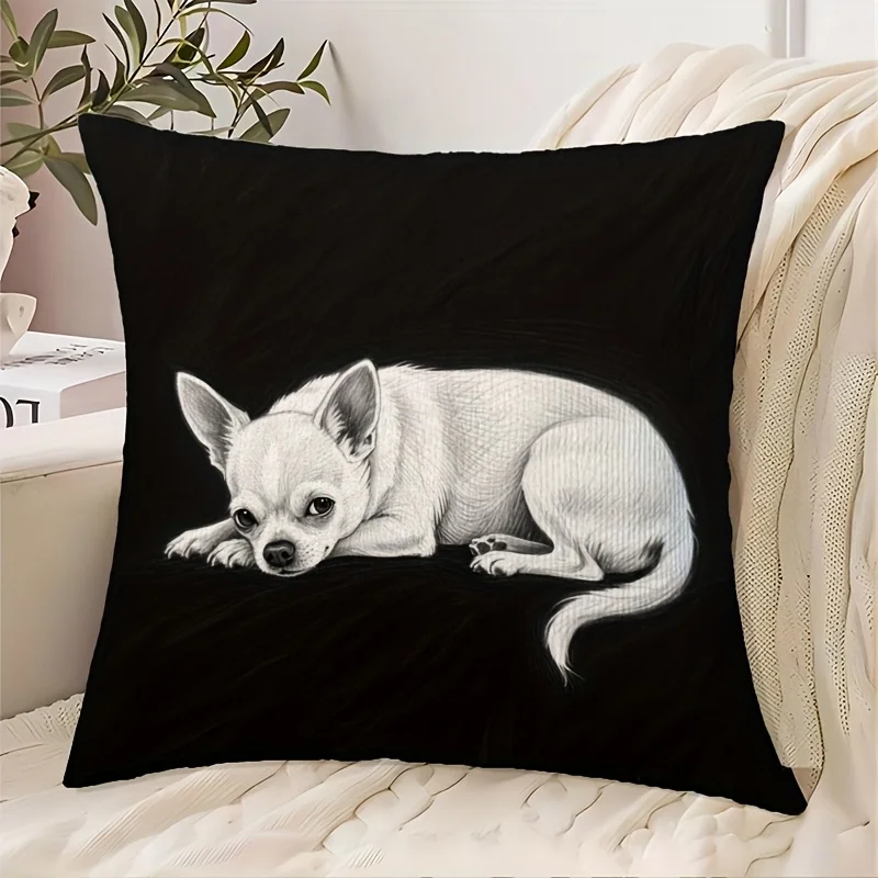 Double Sided Cute Chihuahua Dog Sketch Pattern Decorative Throw Pillow Case Funny Pet Theme Zip Cushion Cover for Sofa Couch