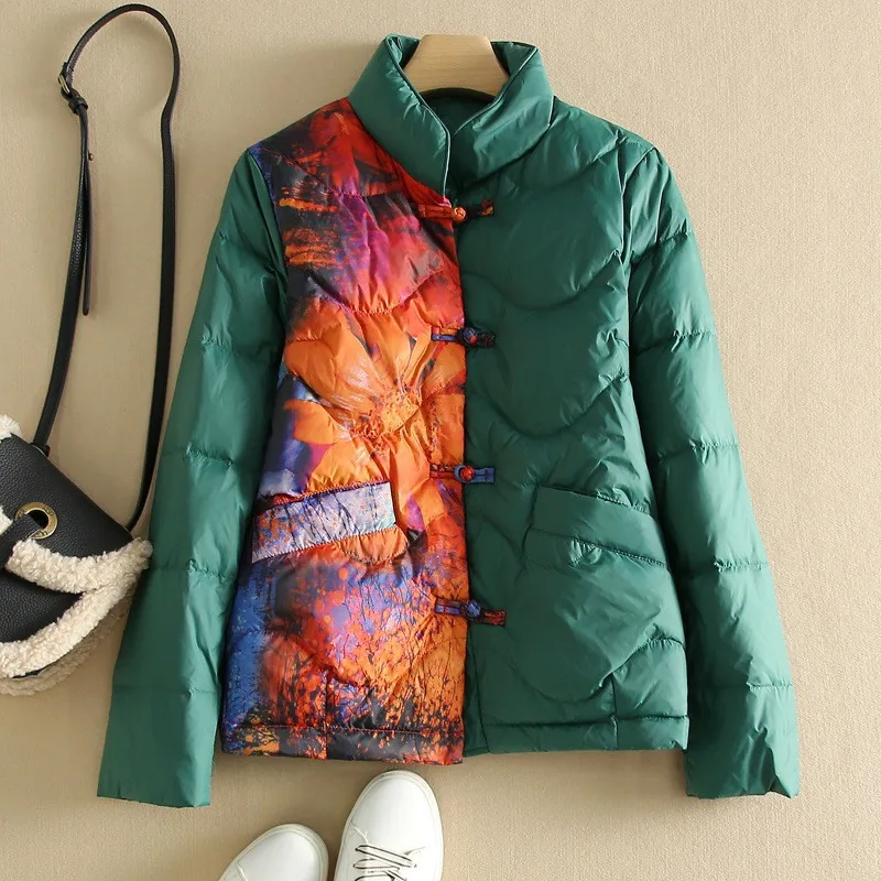 Vintage Disc Buckle Print Jacket Autumn Winter Women Warm Thicken White Duck Down Coat Parkas Ladies Short Loose Puffer Outwear