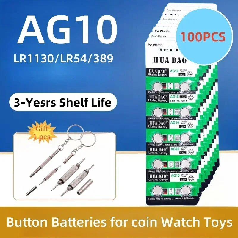 

New100PCS AG10 1.55V LR1130 Button Batteries 389A 198 LR54 189 LR54 Cell Coin Alkaline Battery SR54 389 189 for Watch Computers