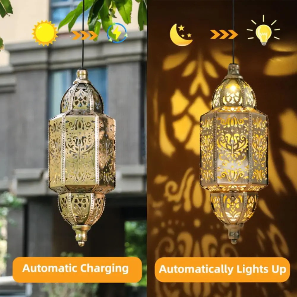 Solar Powered Solar Lantern Waterproof Lithium Battery Moroccan Lantern Iron Art Hollowed-out Outdoor Decoration