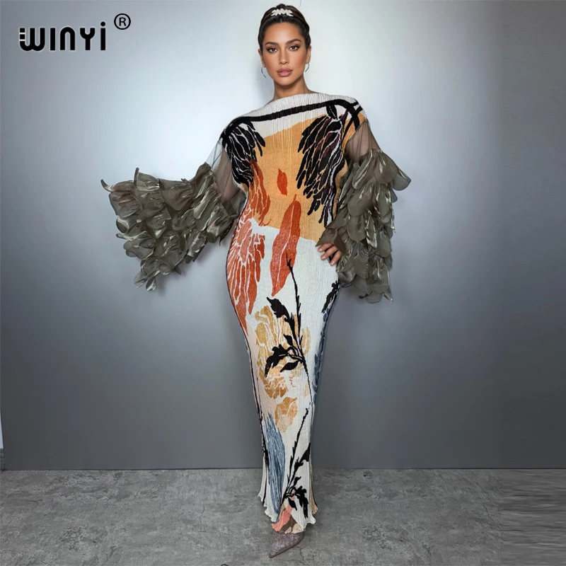 WINYI Elastic slim pleated dress beach cover up boho kaftan abaya dubai luxury party dress long down muslim woman evening dress