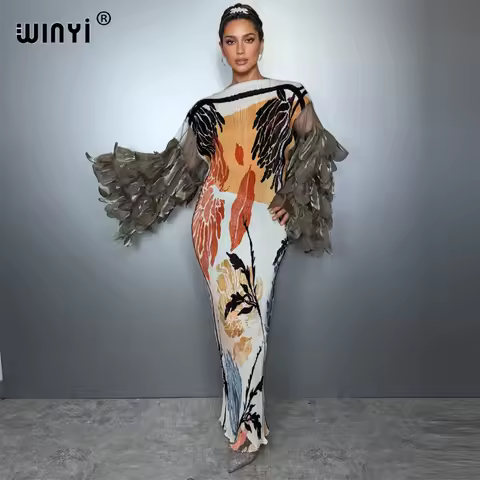 WINYI Elastic slim pleated dress beach cover up boho kaftan abaya dubai luxury party dress long down muslim woman evening dress