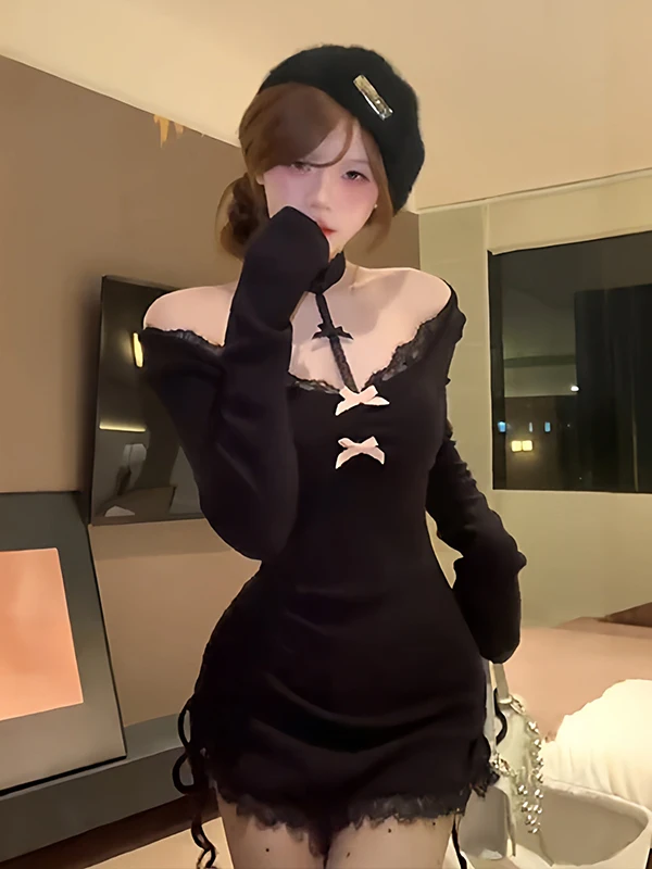 

Женское трикотажное платье с V-образным вырезом, кружевной отделкой, на одно плечо, с длинным рукавом, облегающее, с эффектом утяжки талии, повседневное, короткое, в стиле бодикон