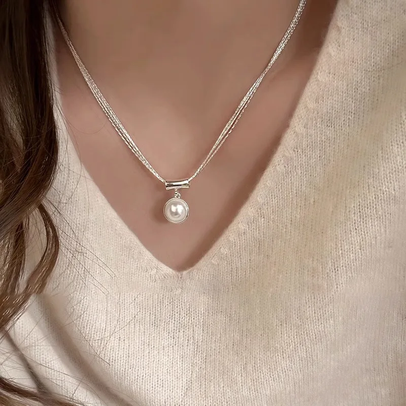 925 Sterling Silver Necklace Pearl Multilayer Chain Elegant Pendant Geometric for Women Girl Jewelry Gift Dropshipping Wholesale image 3