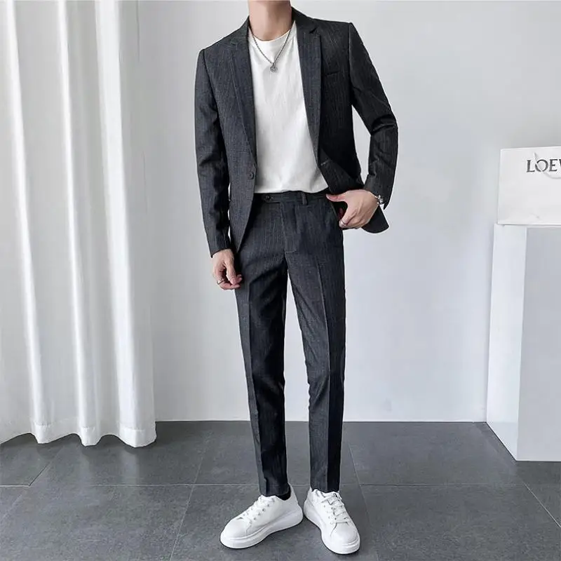 2-A71  Summer light mature style blue striped small suit men\'s suit double-breasted he Korean style slim casual suit jacket