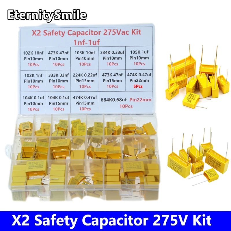 

135Pcs/14 Values X2 Safety Capacitor 275VAC 102K 103k 104k 105K 473k 334k 333k 1NF~1UF Polypropylene film capacitor Assorted Kit