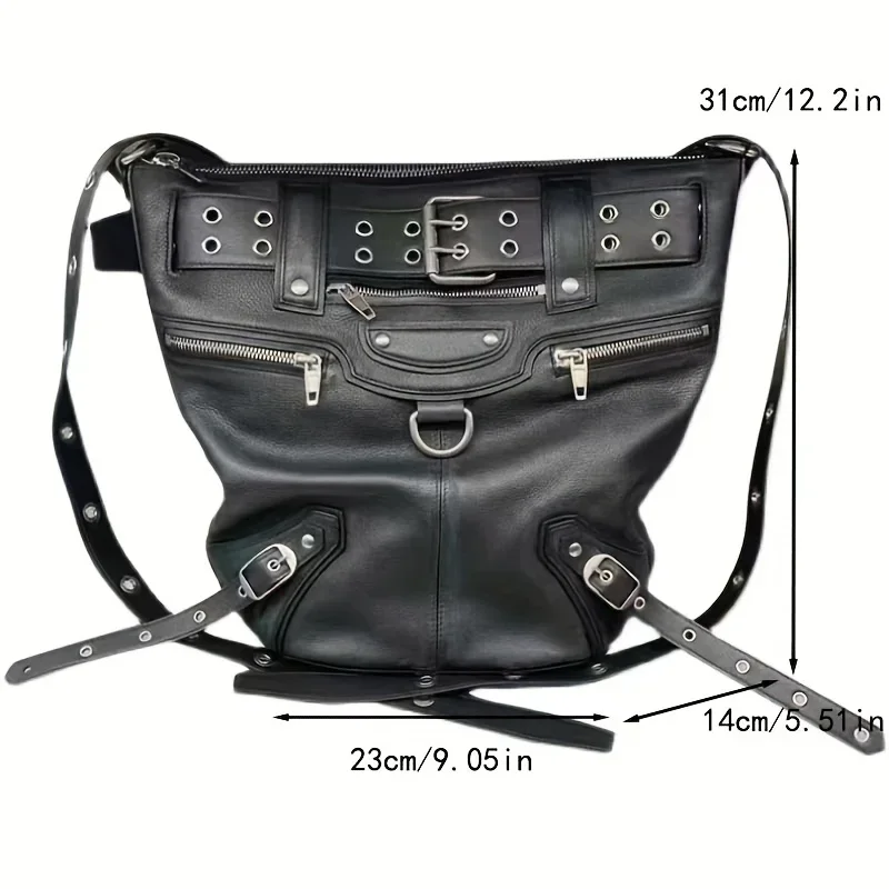 High Street Women New Rivet Large Capacity Casual Crossbody Bags Ladies Moto Biker Black Messenger Bag Vintage Handbag