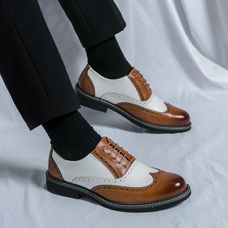 British leather shoes men match color white brown leather business casual Brock carved retro dress shoes for men