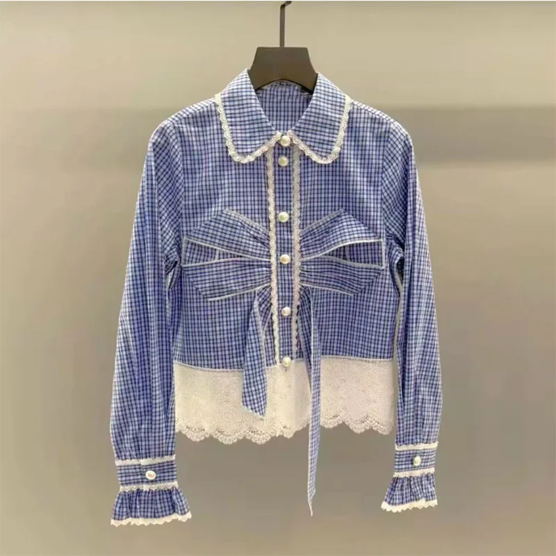 

Korean Sweet Lace Splice Short Shirt Spring 2026 New Style Age-Defying Slimming Plaid Bow Knot Top Women's Fashion