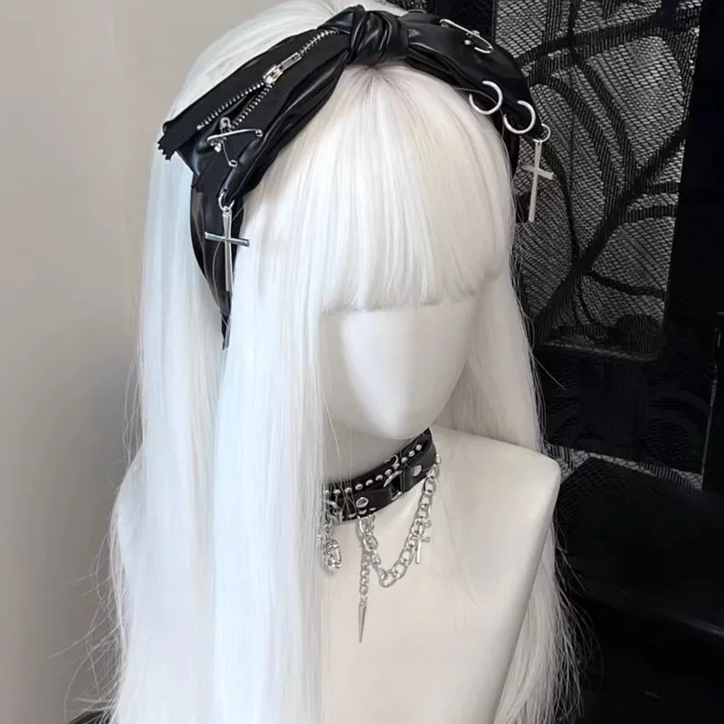 Black Rivets Y2k Punk Headbands Girls PU Leather Zipper Gothic Headwears Hip Hop Cosplay Hairbands Grunge Hair Accessories Women