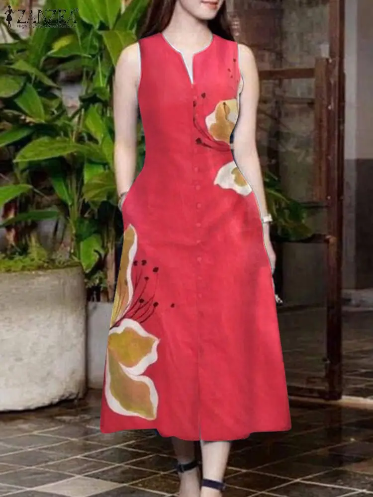 Summer V Neck Sleeveless Bohemian Sundress Robe Party Vestido Sarafans 2024 ZANZEA Fashion Women Floral Printed Mid-calf Dress