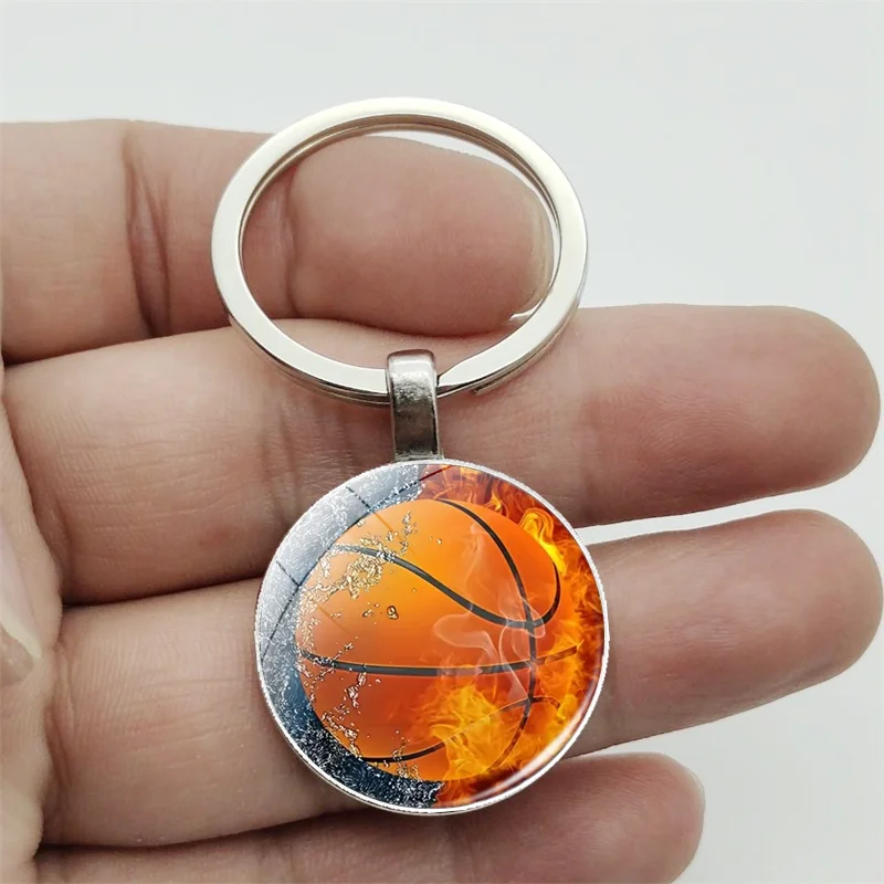 Punk Basketball Pattern Round Pendant Keychain Time Gem Metal Keyring Jewelry Perfect Gift for Basketball Fans