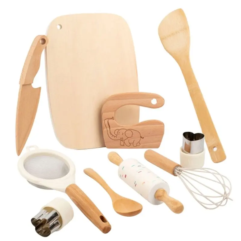 DT35 Wooden Kids Knife Set 10 Pieces Toddler Knife Cutting Board And Kitchen Cooking Tools