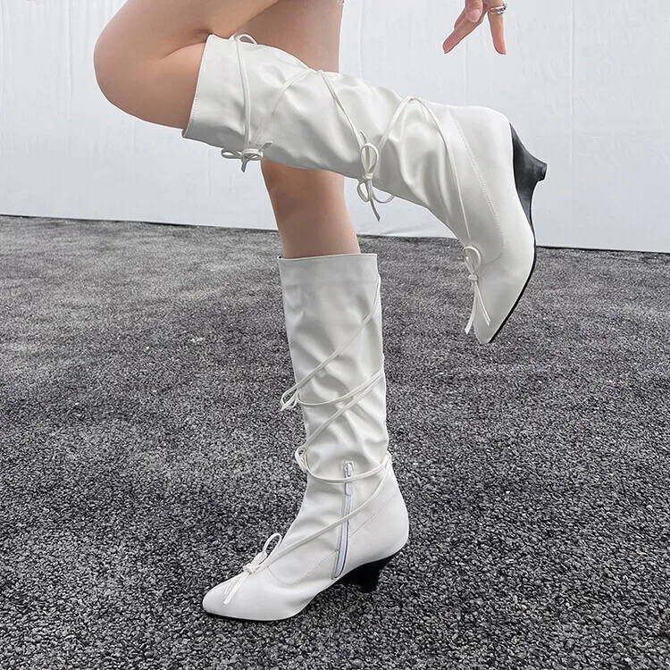 

White Elastic Boots Lace Up Pointed Toe Women Knee High Boots