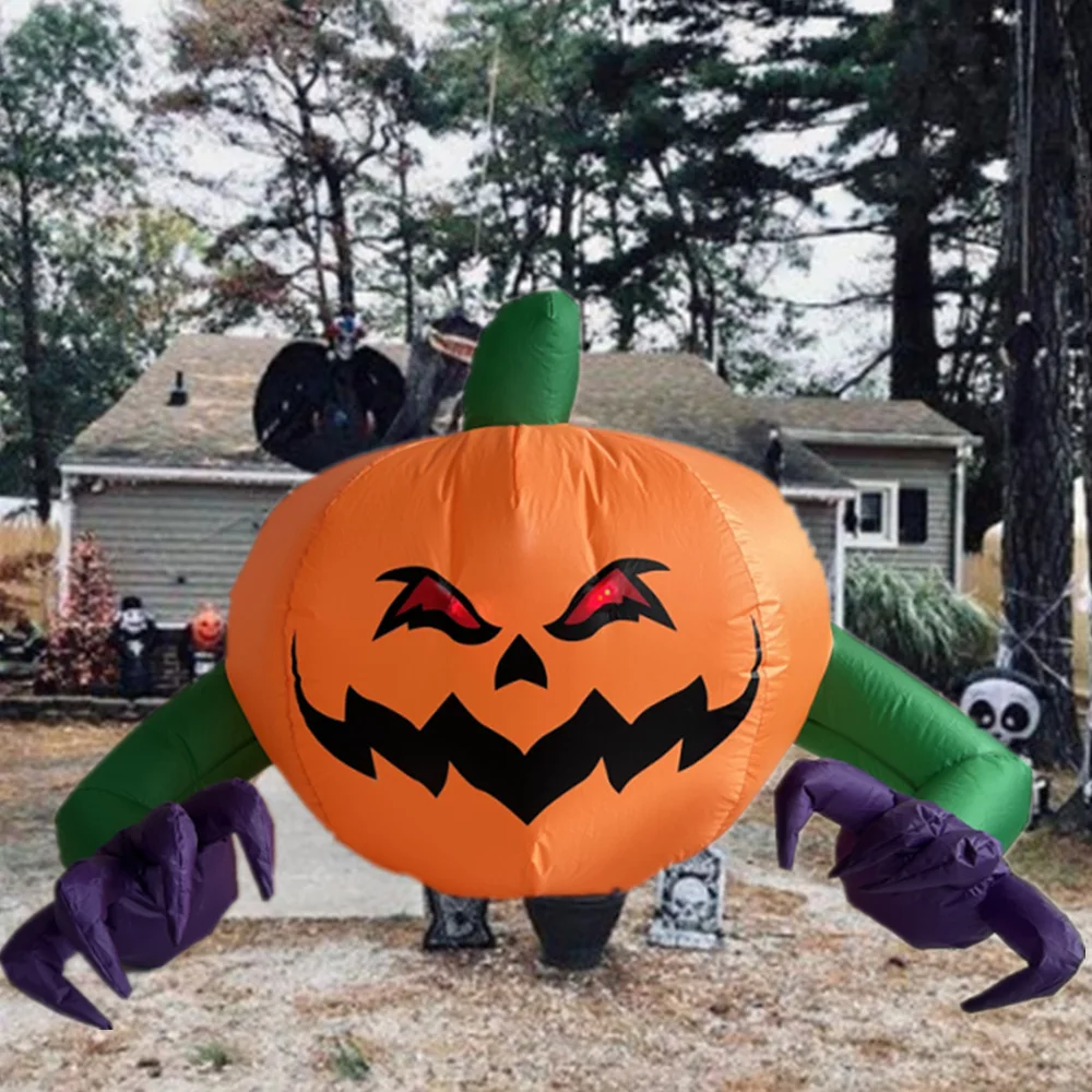 Citrouille Gonflable aux Yeux Rouges pour Halloween, Modèle Fantôme à Bras Long, Lumière LED spatirée, Accessoire de Décoration pour Cour Extérieure, 1.2m/4 Pieds de Large