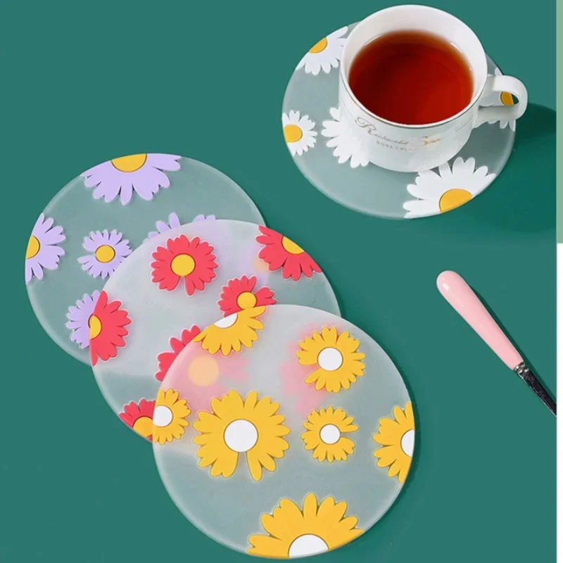 

Flower Daisy Coasters PVC Creative Heat Insulation Waterproof Mat Household Simple Non-slip Tea Coaster Kitchen Home Accessories