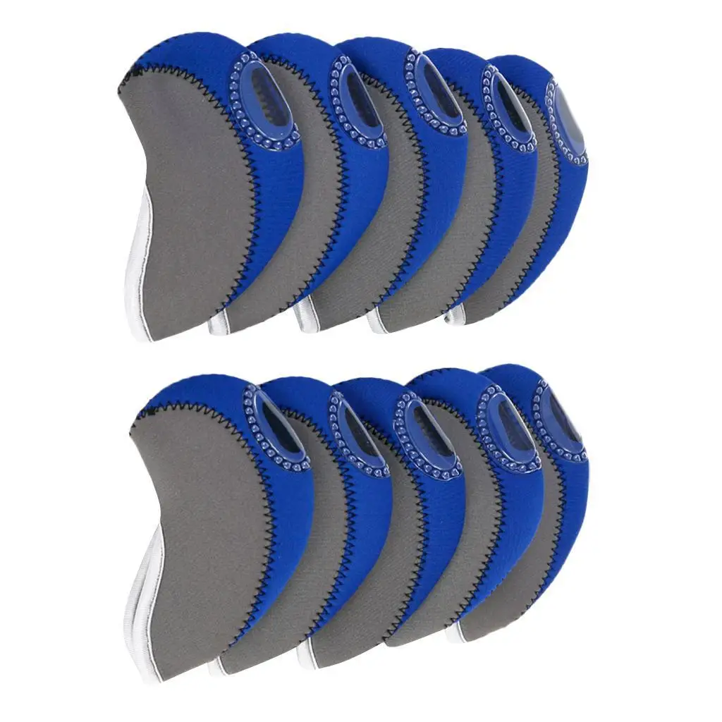 10 Piece Neoprene Golf Iron Club Head Covers - Transparent Window Dark Blue