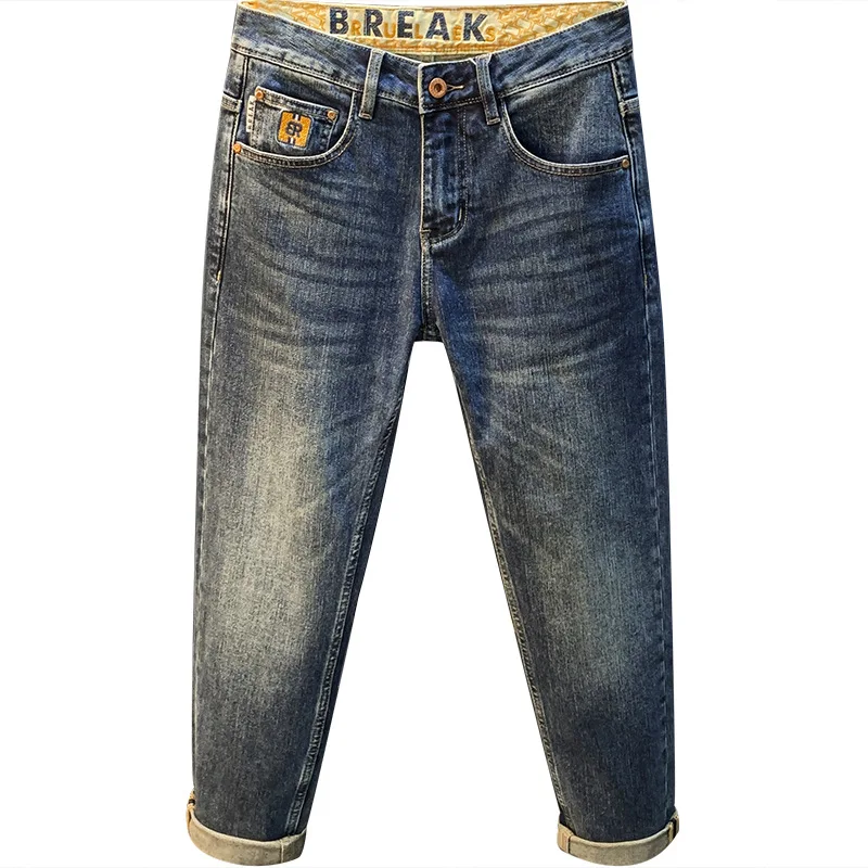 Jeans jeans lavado de alta qualidade masculino, calça bordada azul, ajuste justo, perna reta leve, vintage, branco, moda casual, outono, 2024