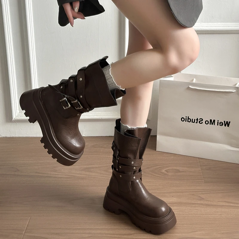 Lined Warm Women Platform Mid Calf Boots Multi Buckle Strap Faux Leather Shoes Casual Autumn Thick Sole Motorcycle Boots
