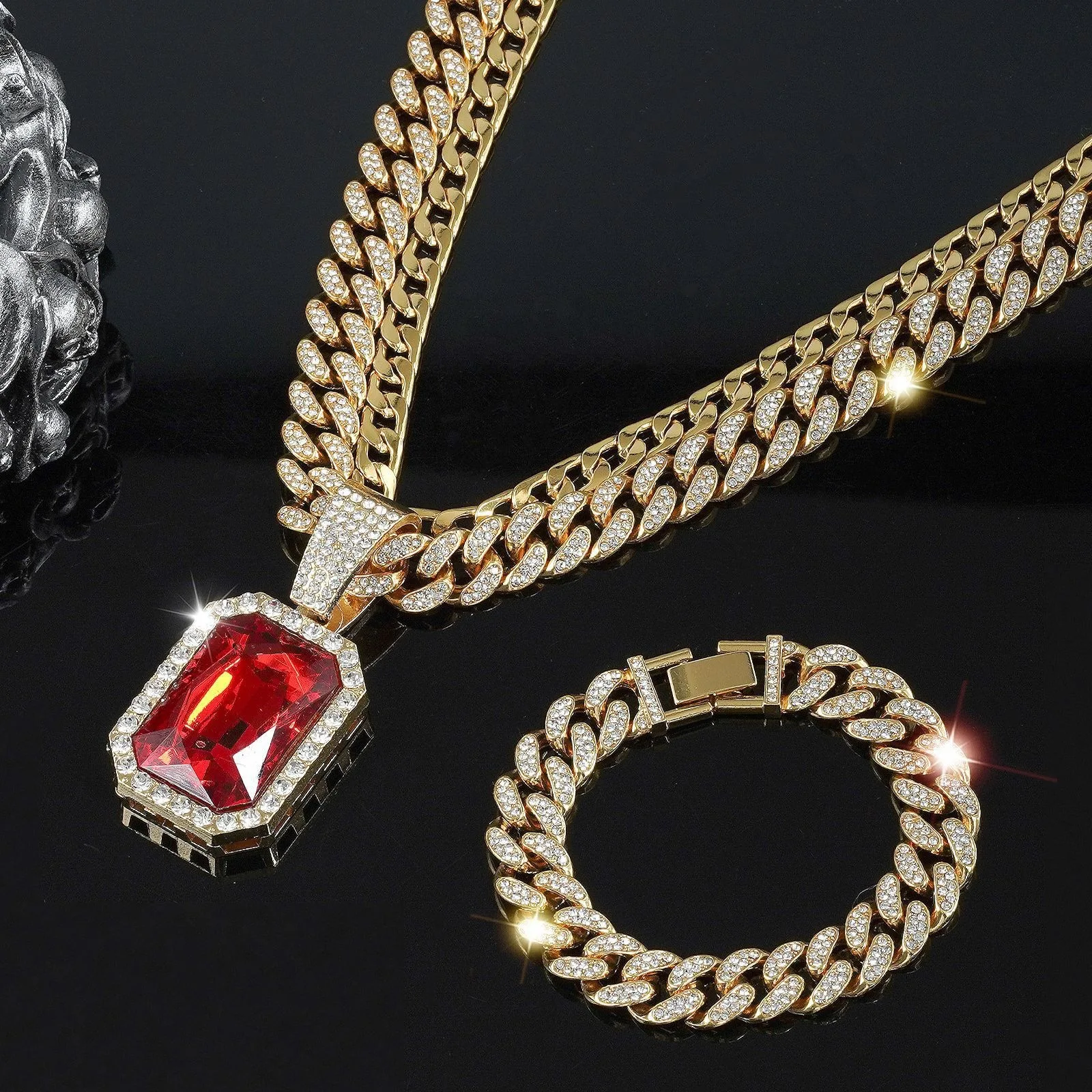 Men's Square Red Ruby Necklace Pendant & Cuban Chain Bracelet Set