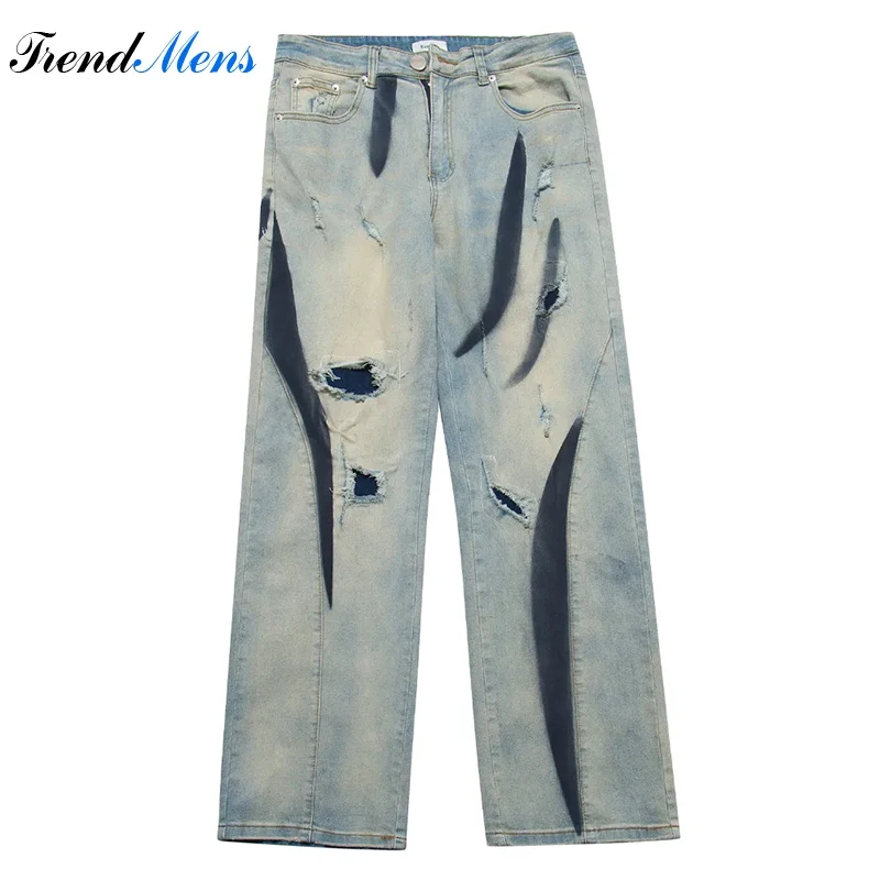 

Jeans for Men Casual Baggy Straight-leg Hole Print Trousers Pantalon Homme Men's Clothing Streetwear Cargo Pants Y2k Top Kanye